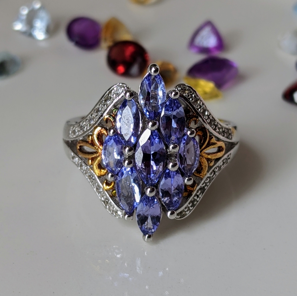 Genuine Tanzanite & White Topaz ring in Sterling